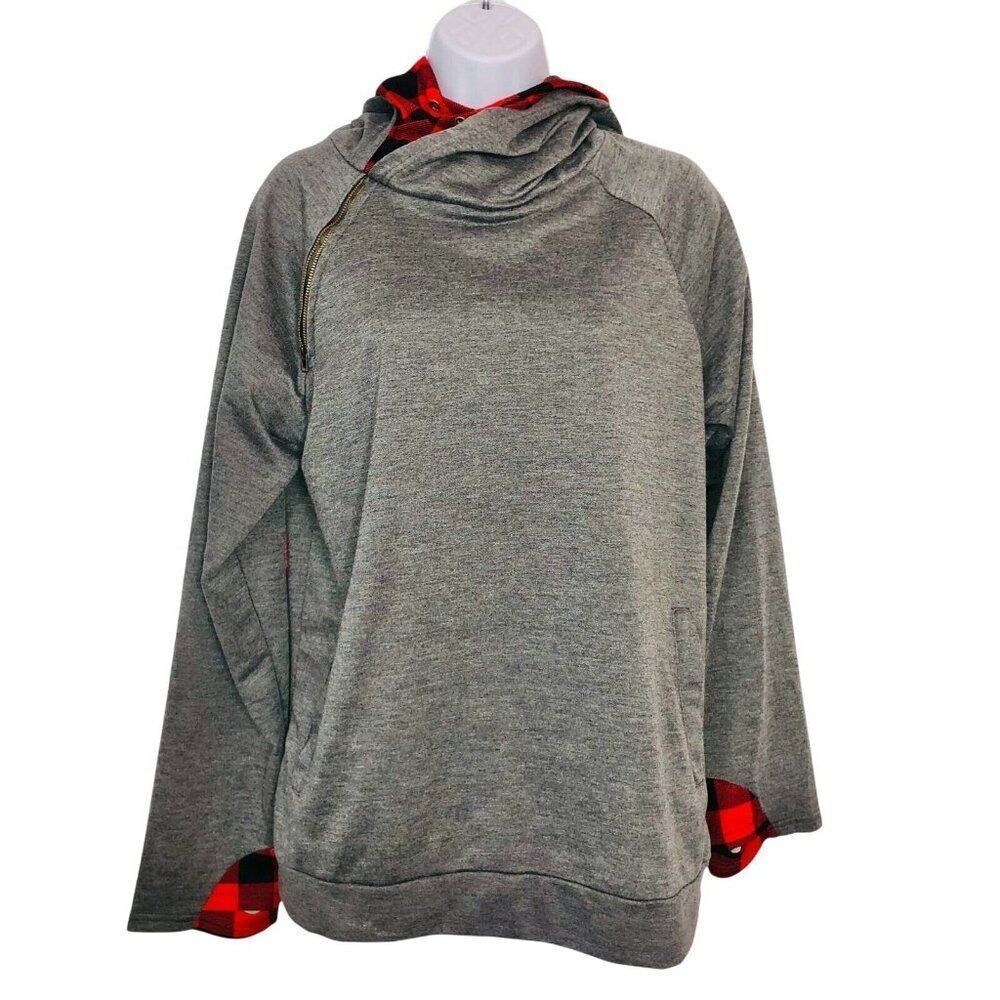 Womens Sweatshirt Size M Gray Red Buffalo Plaid Long Sleeve Hoodie